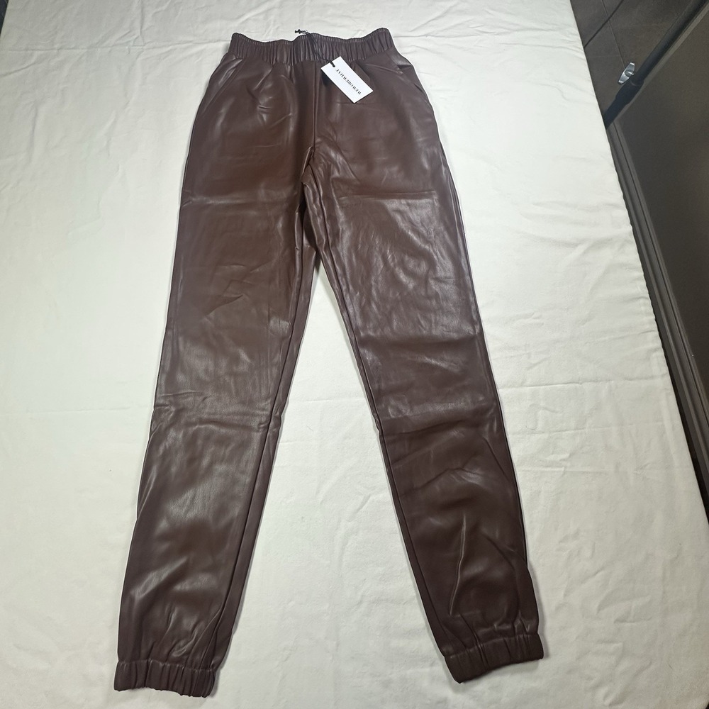 WeWoreWhat Vegan Leather Joggers Brown High Waisted Elastic Waist Pants XS NWT